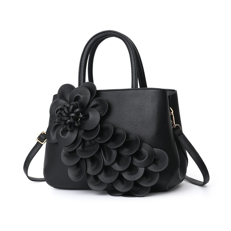 GESSY PU LEATHER 3D FLOWER DECOR HANDBAG TOTE BAG IN BLACK