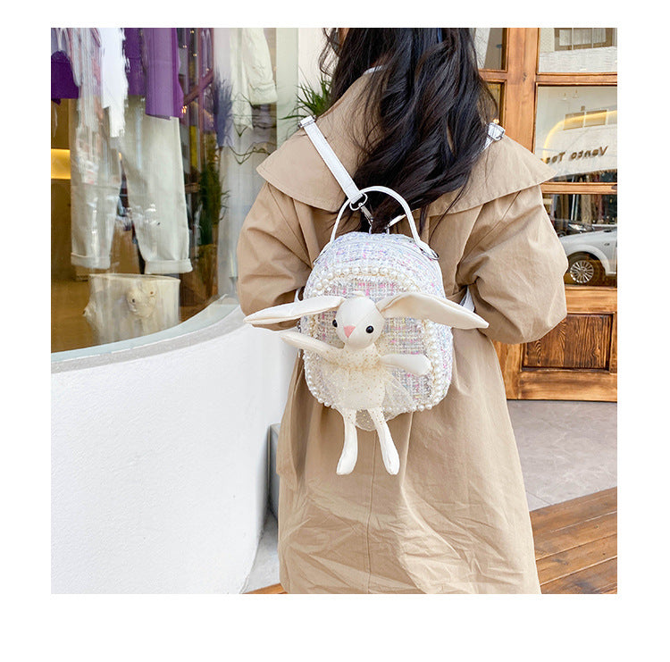 GESSY CUTE LITTLE BUNNY RABBIT DOLL PEARL-ENCRUSTED BACKPACK
