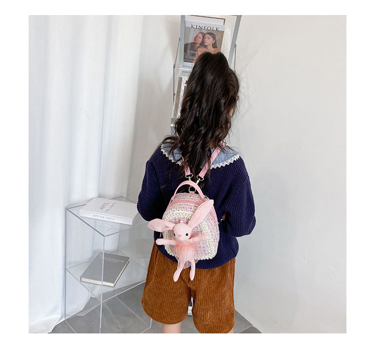 GESSY CUTE LITTLE BUNNY RABBIT DOLL PEARL-ENCRUSTED BACKPACK
