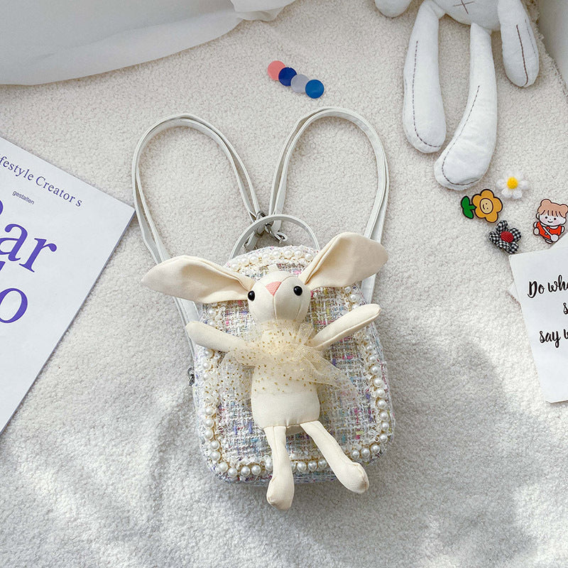 GESSY CUTE LITTLE BUNNY RABBIT DOLL PEARL-ENCRUSTED BACKPACK