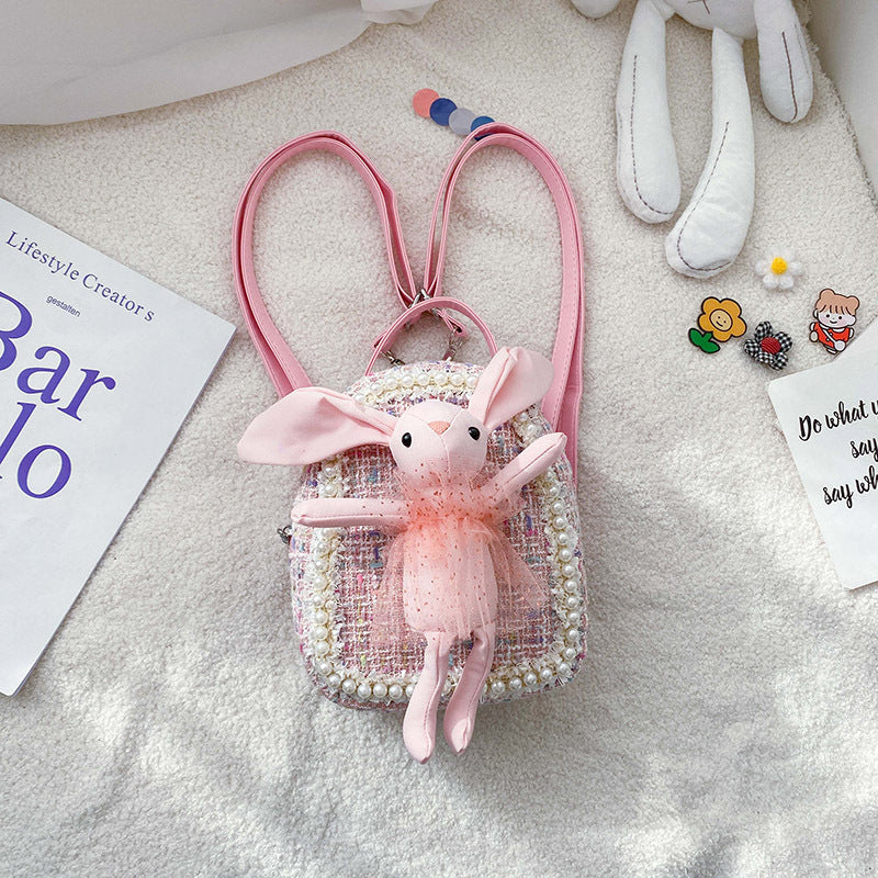 GESSY CUTE LITTLE BUNNY RABBIT DOLL PEARL-ENCRUSTED BACKPACK