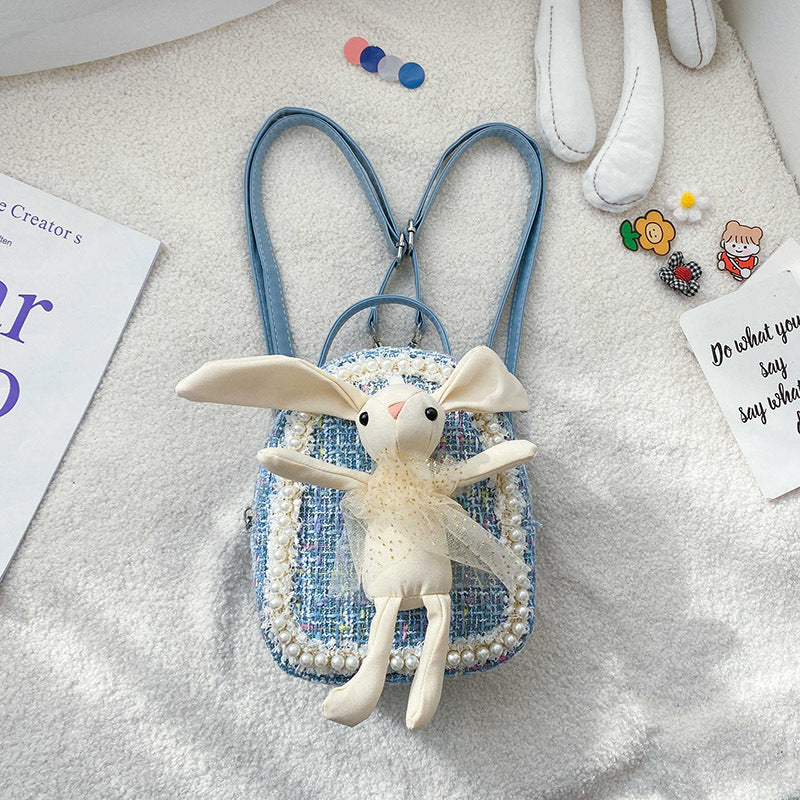 GESSY CUTE LITTLE BUNNY RABBIT DOLL PEARL-ENCRUSTED BACKPACK