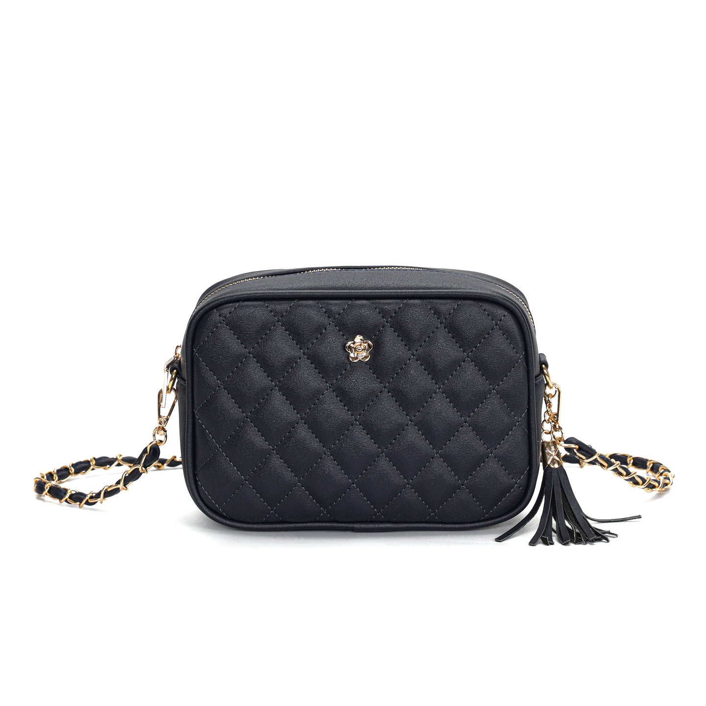 GESSY QUILTED DIAMOND SHAPE PATTERN HANDBAG WITH FLORA BUTTON IN NAVY