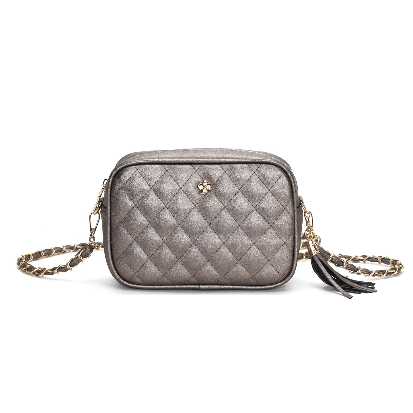 GESSY QUILTED DIAMOND SHAPE PATTERN HANDBAG WITH FLORA BUTTON IN PEWTER