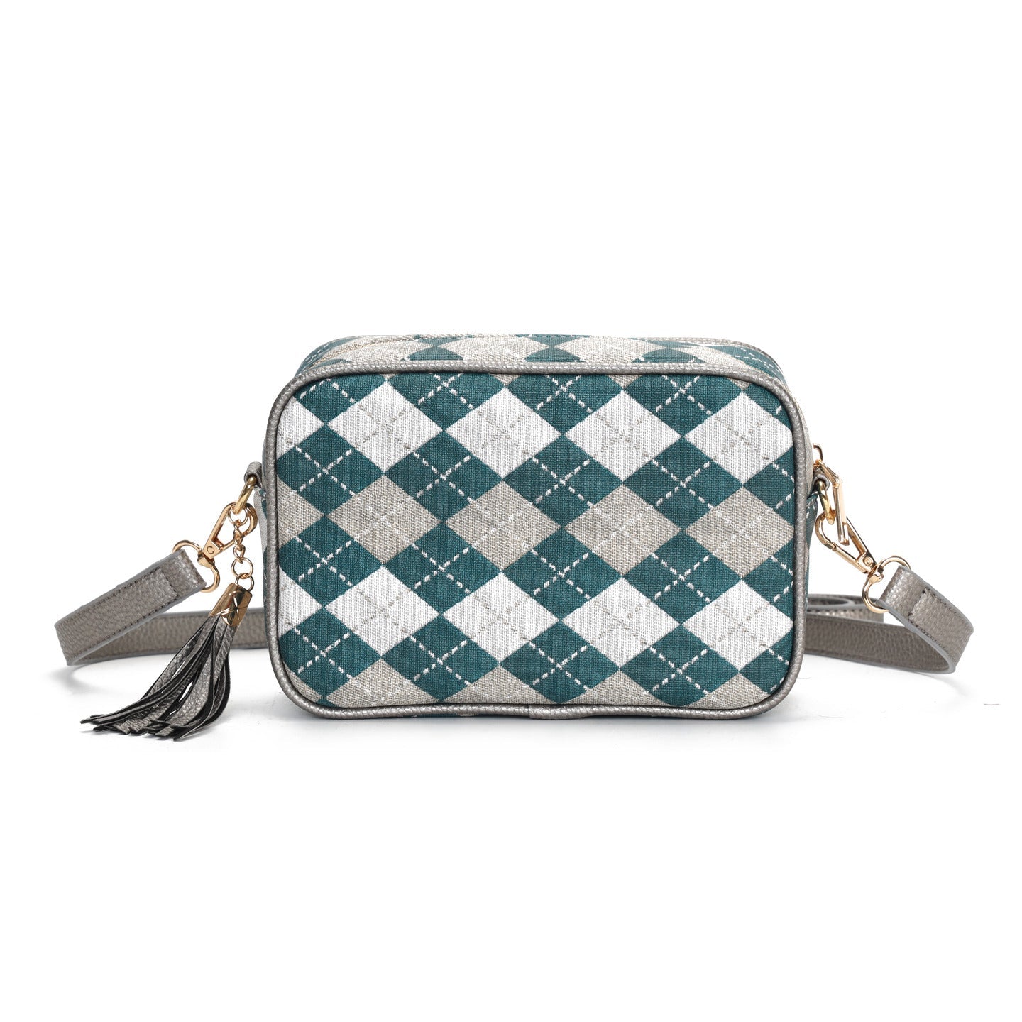 GESSY DIAMOND SHAPE PRINT CAMERA TASSEL CLUTCH BAG IN GREEN