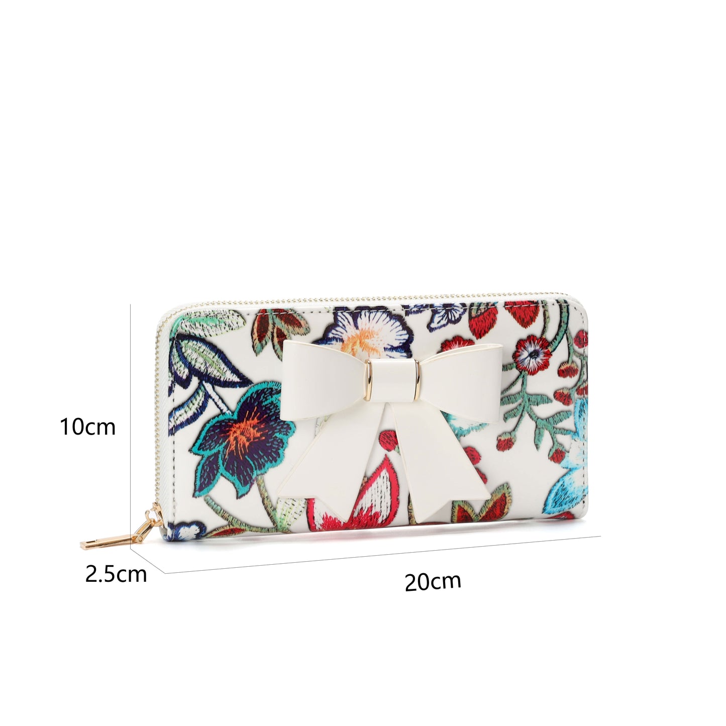 GESSY FLORA PRINT LONG PURSE WITH BOW TIE IN WHITE