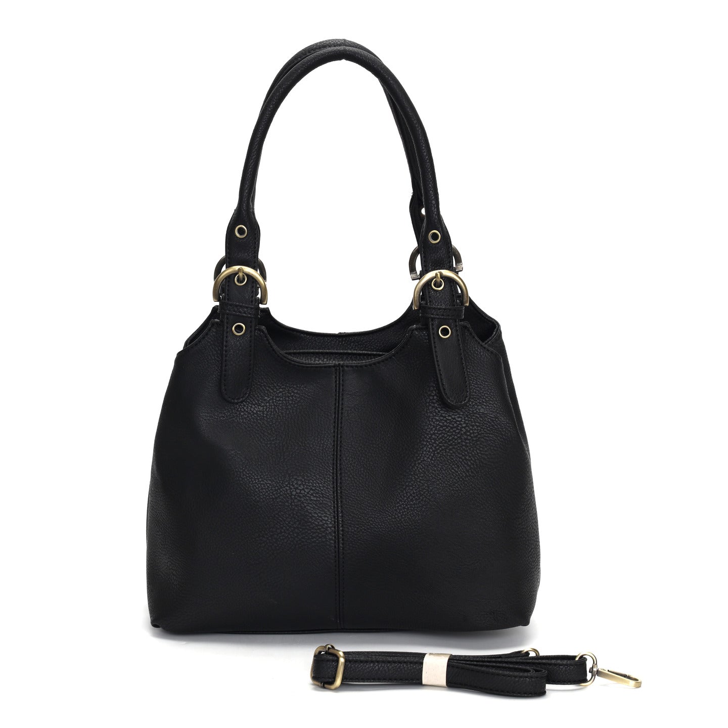 GESSY SOLID COLOR COMPARTMENT TOP HANDLE HANDBAG IN NAVY WITH OPTIONAL LONG SHOULDER STRAP
