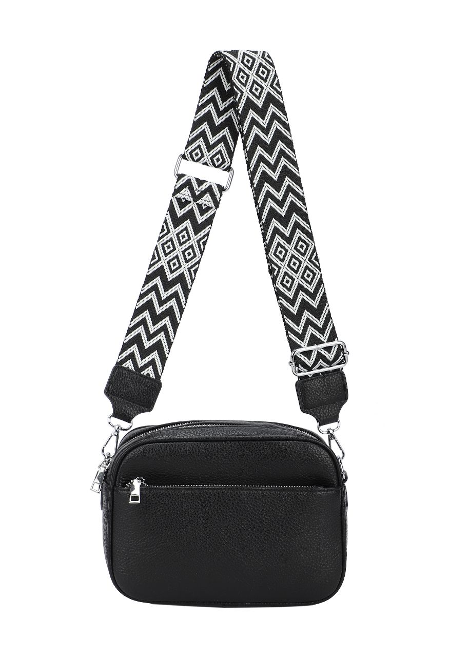 GESSY FRONT ZIP PU LEATHER CAMERA BAG WITH PATTERNED STRAP