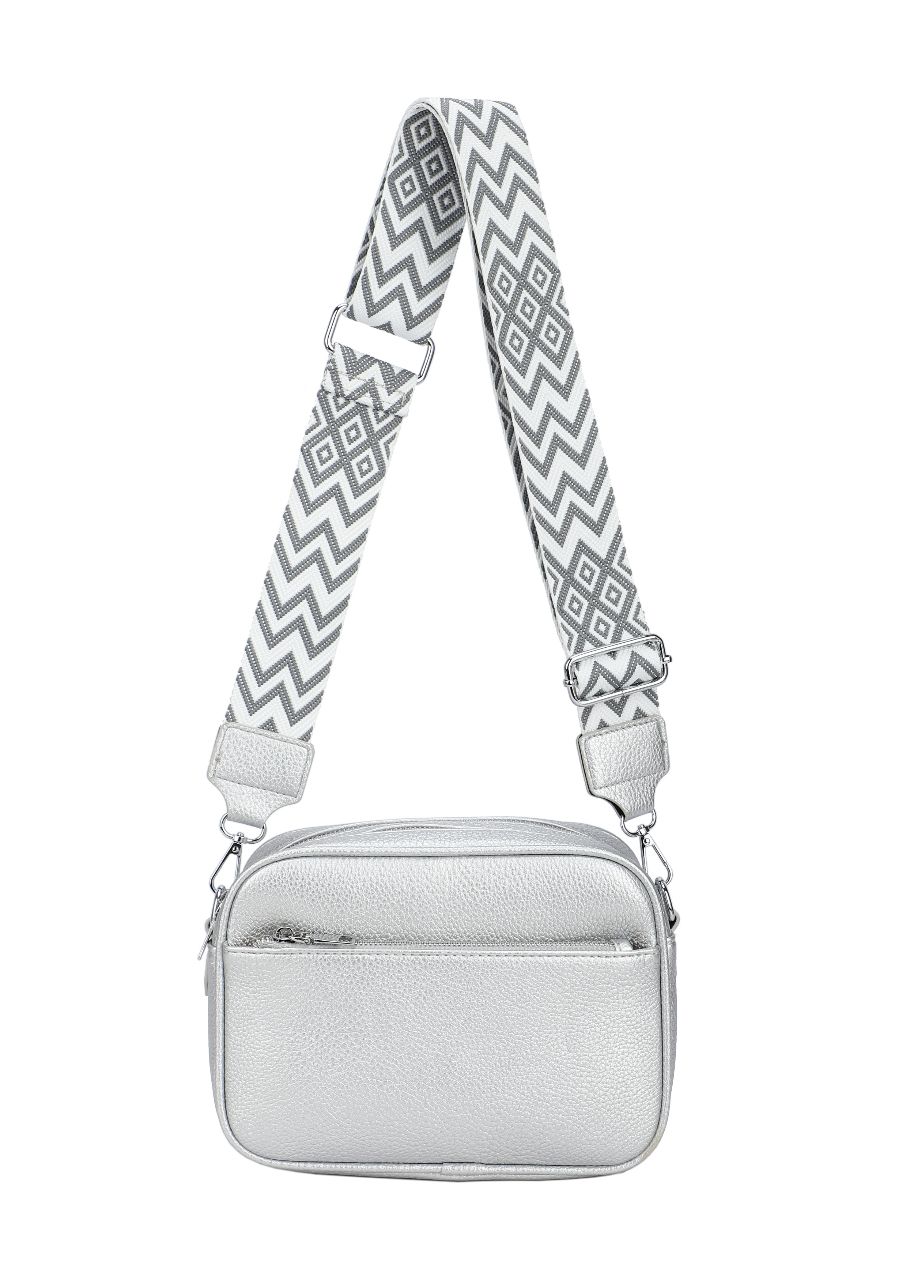 GESSY FRONT ZIP PU LEATHER CAMERA BAG WITH PATTERNED STRAP