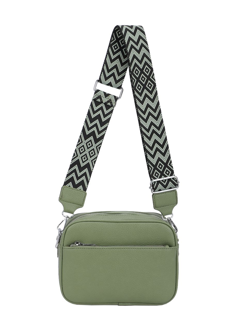 GESSY FRONT ZIP PU LEATHER CAMERA BAG WITH PATTERNED STRAP