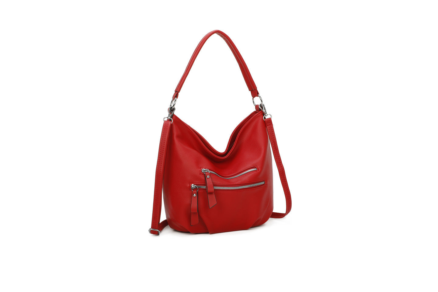 GESSY DOUBLE-ROW ZIP FAUX LEATHER HANDBAG IN RED