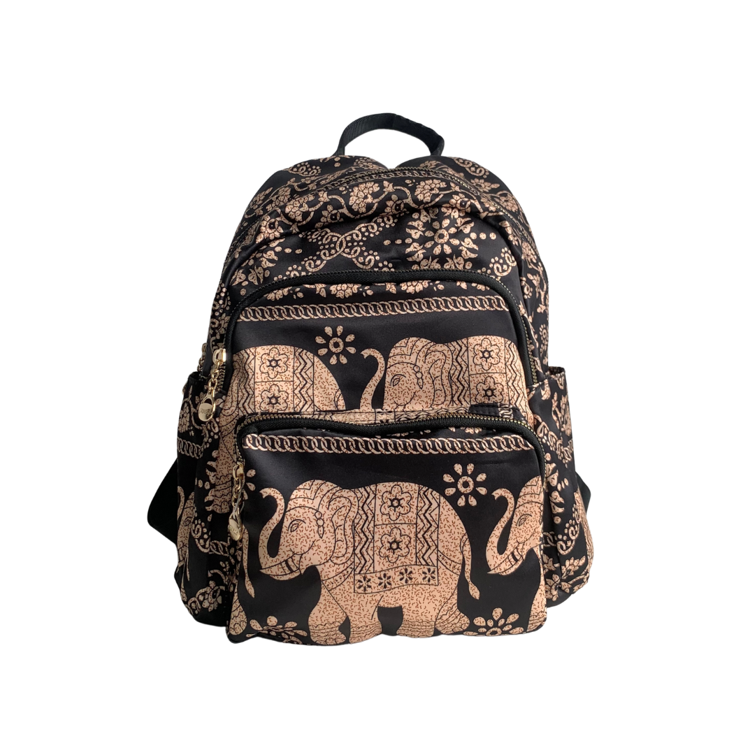 GESSY NYLON MULTI-LAYER BIG BACKPACK IN GOLD ELEPHANT PRINT