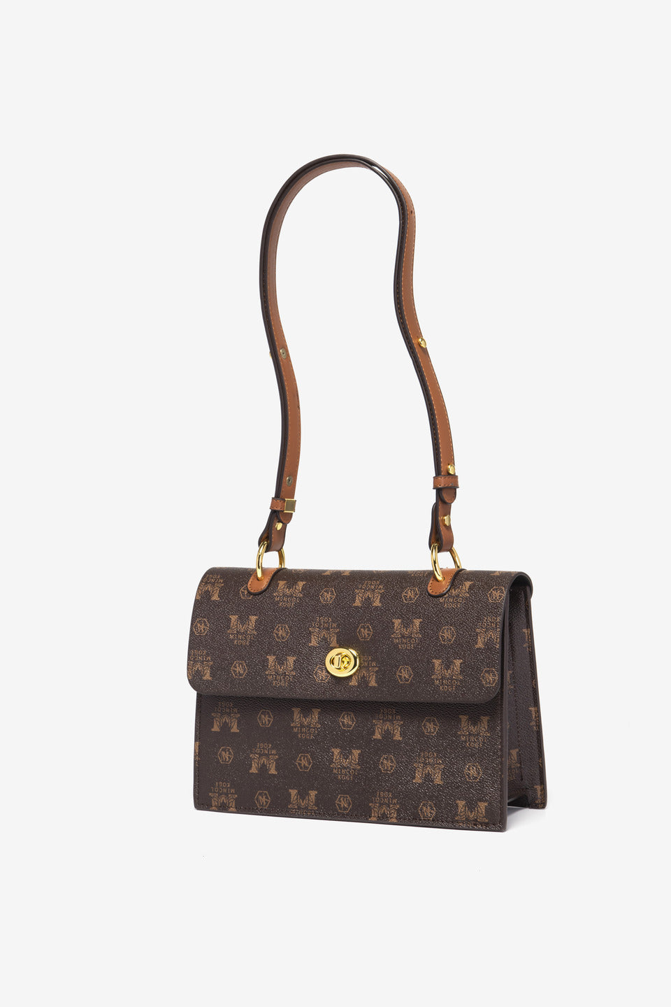 GESSY CLASSIC PRINTED FAUX LEATHER TWIST LOCKER FLAP BAG IN COFFEE