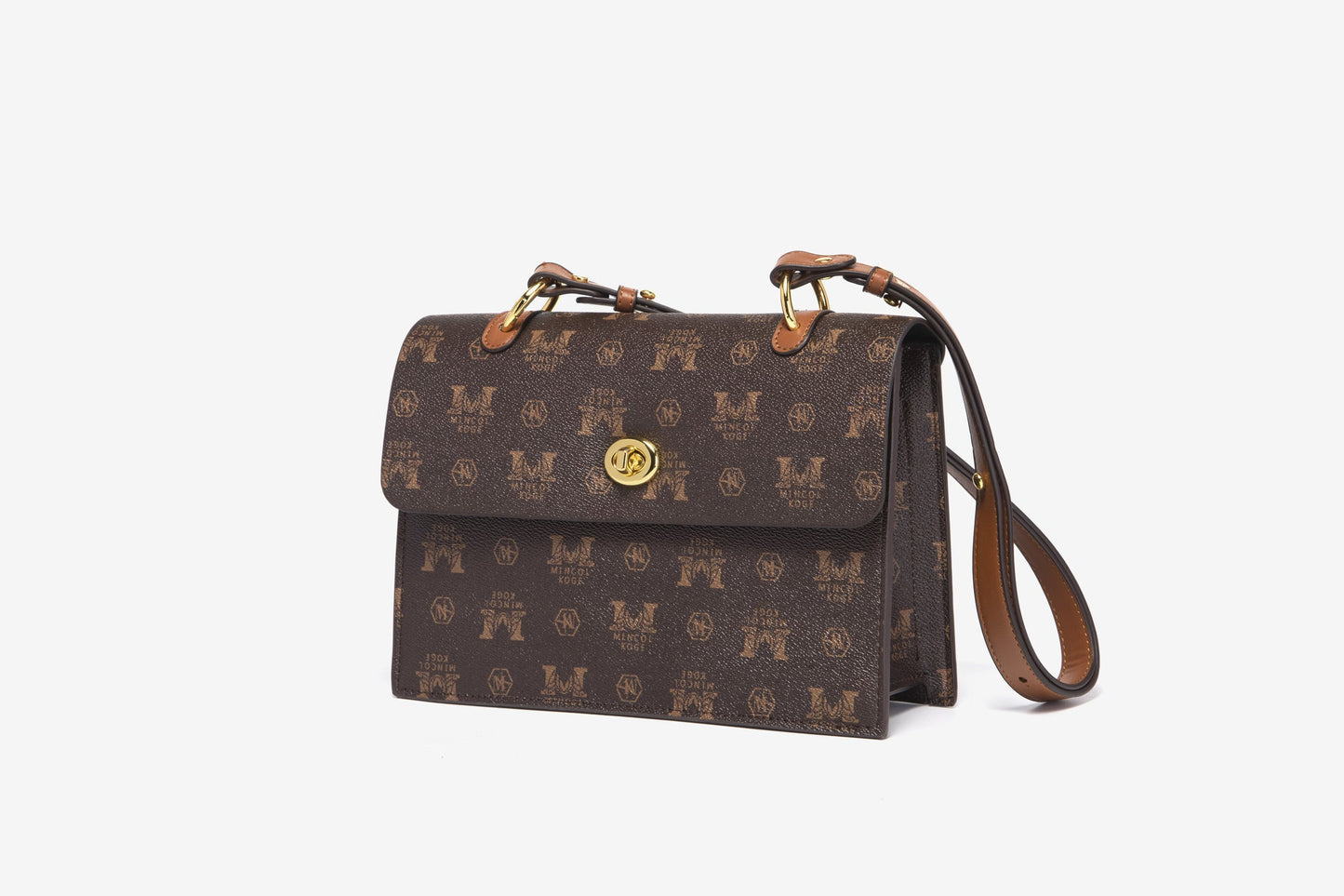 GESSY CLASSIC PRINTED FAUX LEATHER TWIST LOCKER FLAP BAG IN COFFEE