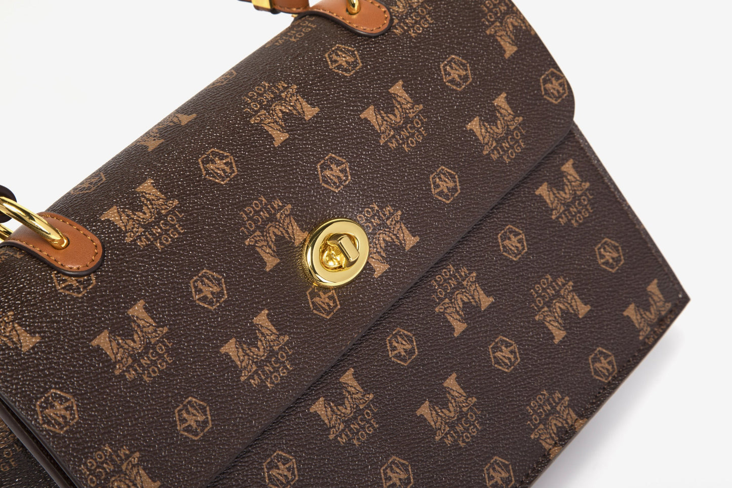 GESSY CLASSIC PRINTED FAUX LEATHER TWIST LOCKER FLAP BAG IN COFFEE