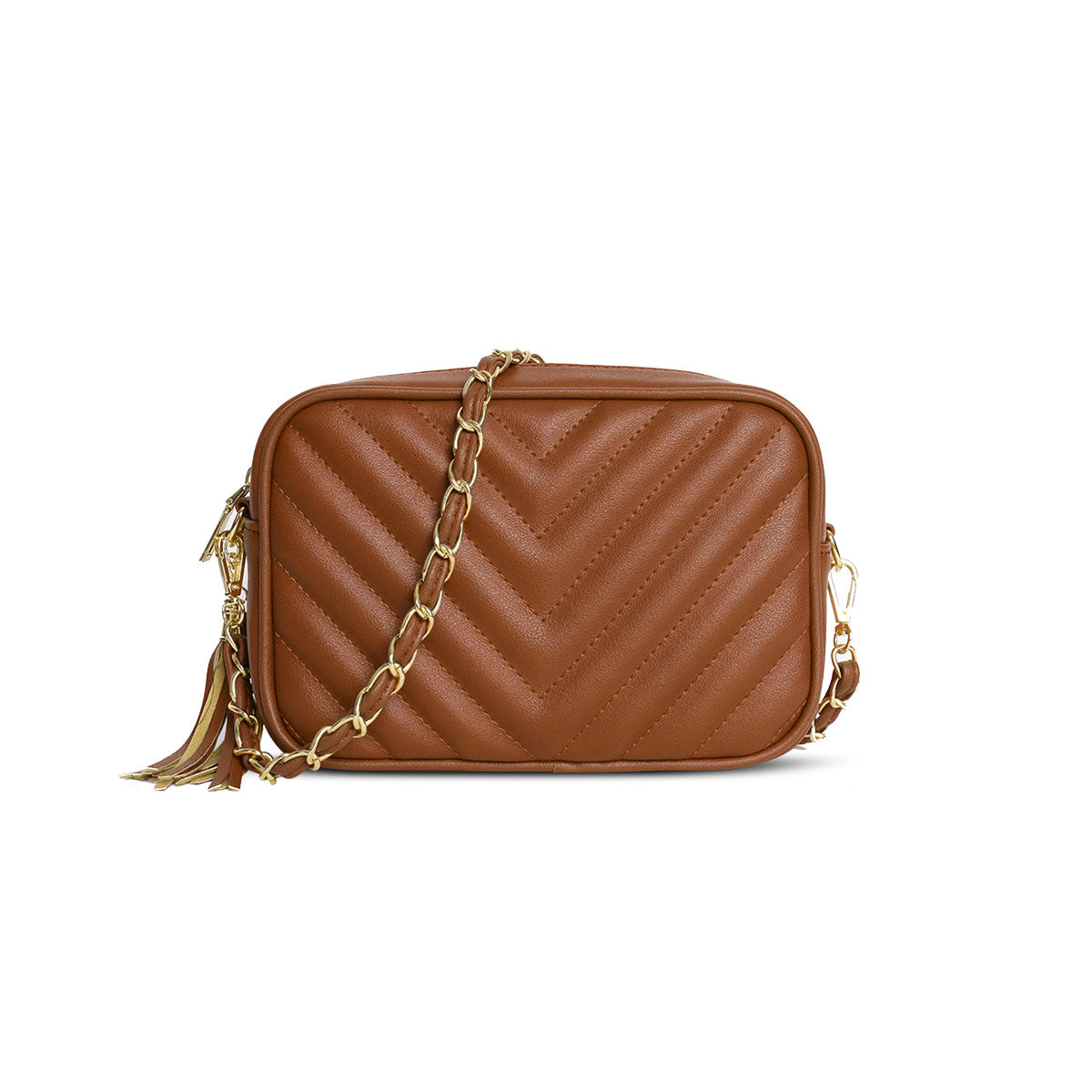GESSY QUILTED TASSEL SHOULDER BAG WITH CHAIN STRAP IN BROWN