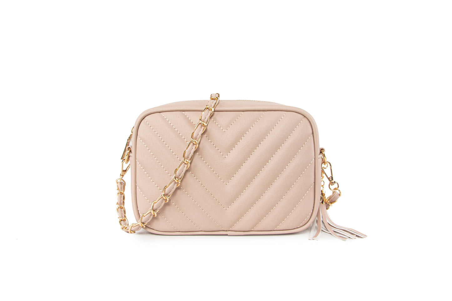 GESSY QUILTED TASSEL SHOULDER BAG WITH CHAIN STRAP IN NAKED PINK