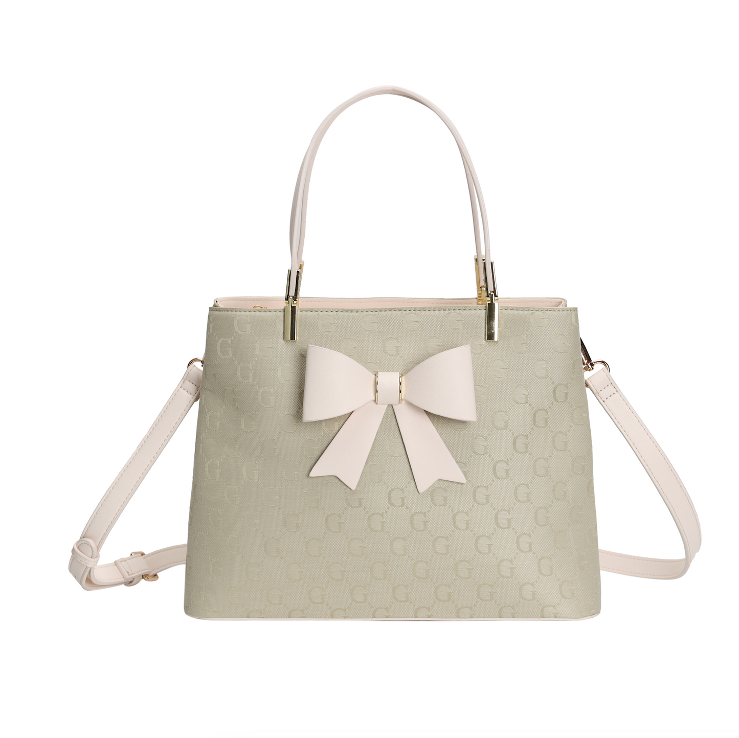LYDC BOW DETAIL LETTER PRINT TOTE HANDBAG IN CREAM