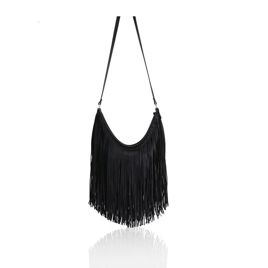 GESSY TASSEL COWGIRL FRINGE DECOR SOFT FAUX LEATHER HANDBAG IN BLACK