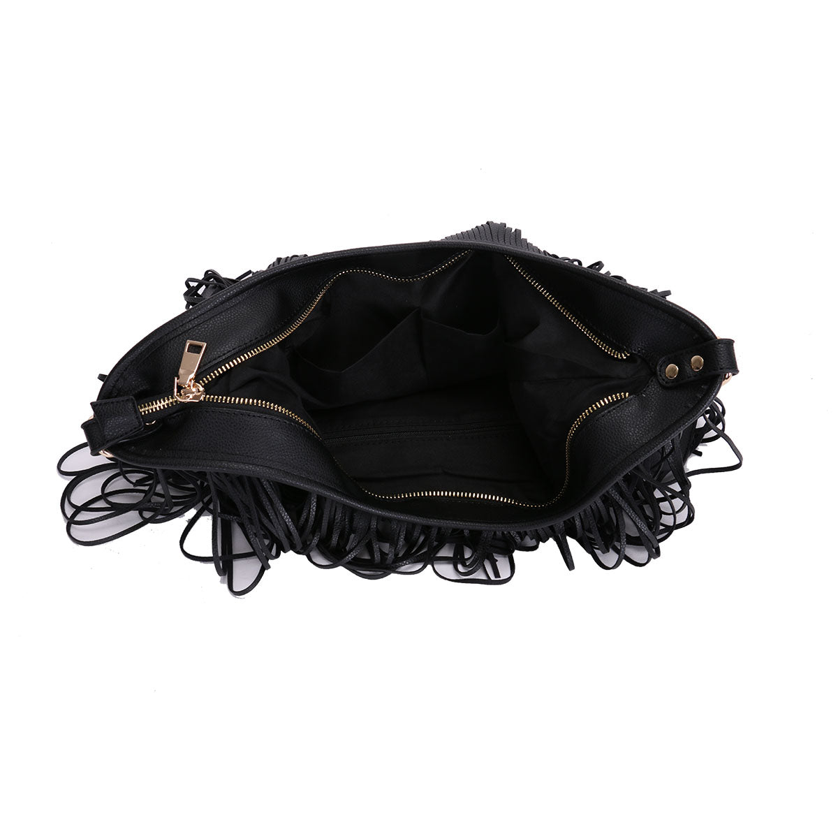 GESSY TASSEL COWGIRL FRINGE DECOR SOFT FAUX LEATHER HANDBAG IN BLACK