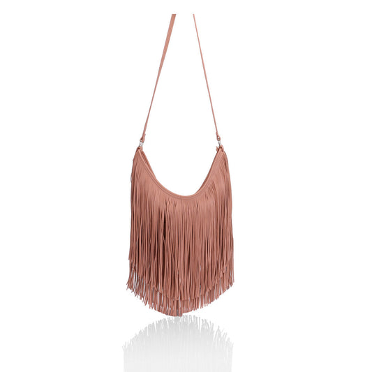 GESSY TASSEL COWGIRL FRINGE DECOR SOFT FAUX LEATHER HANDBAG IN DARK PINK