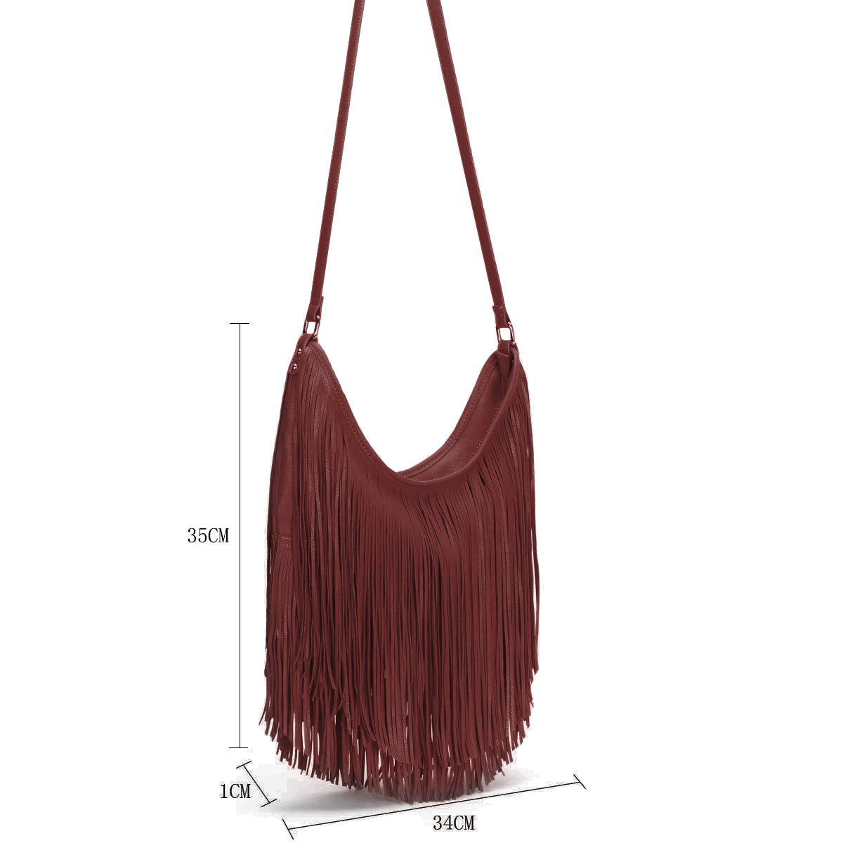 GESSY TASSEL COWGIRL FRINGE DECOR SOFT FAUX LEATHER HANDBAG IN DARK WINE