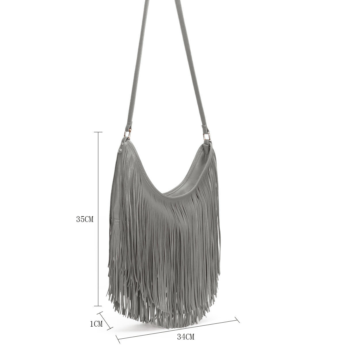 GESSY TASSEL COWGIRL FRINGE DECOR SOFT FAUX LEATHER HANDBAG IN GREY