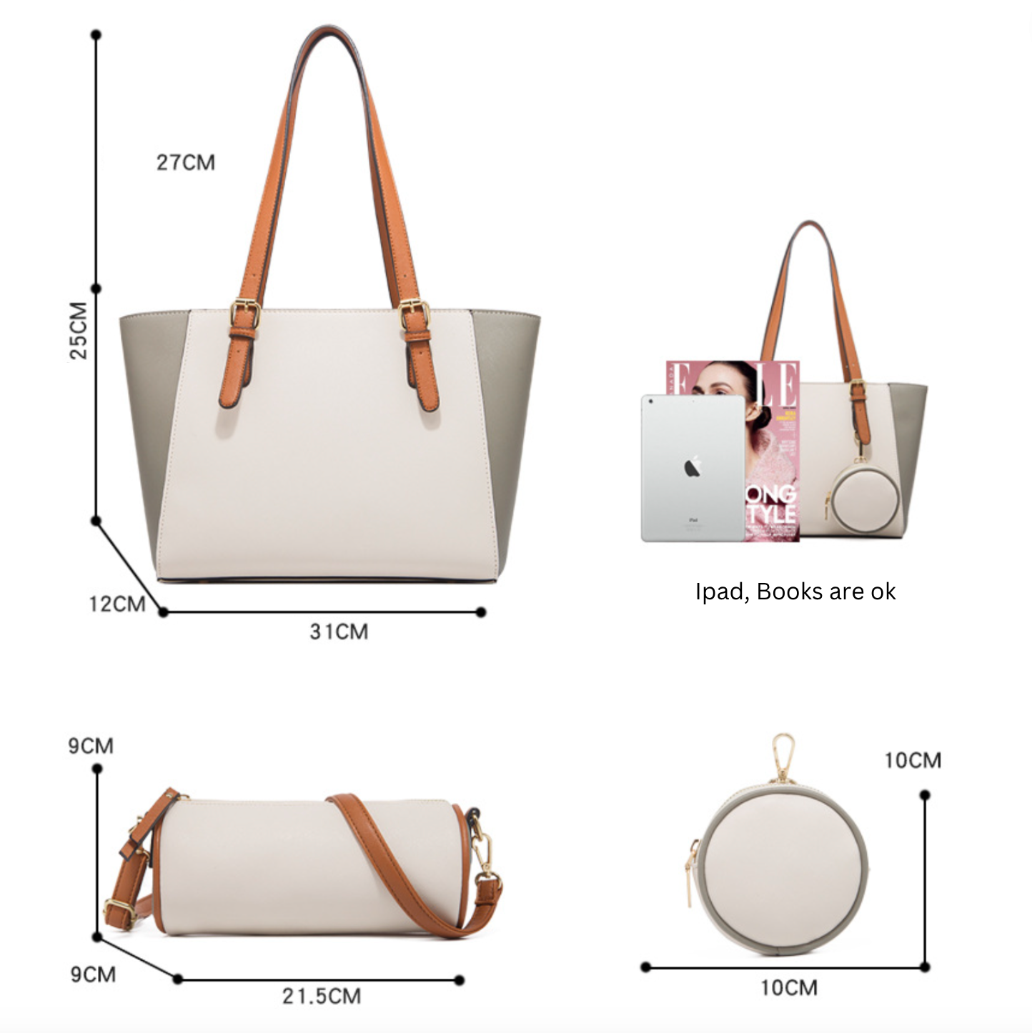 GESSY 3 PCS SET TOTE HANDBAG WITH COIN PURSE IN KHAKI