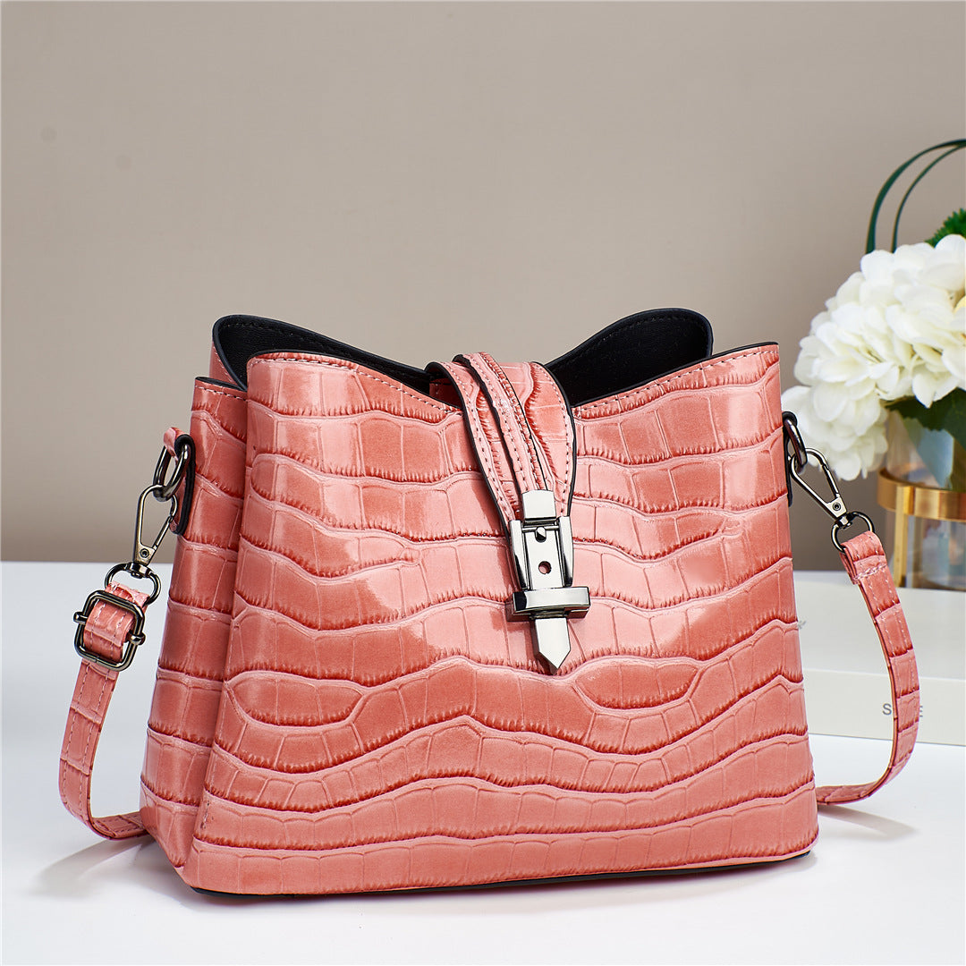 GESSY CROCODILE SKIN PATTERNED METAL SNAP BUCKET BAG