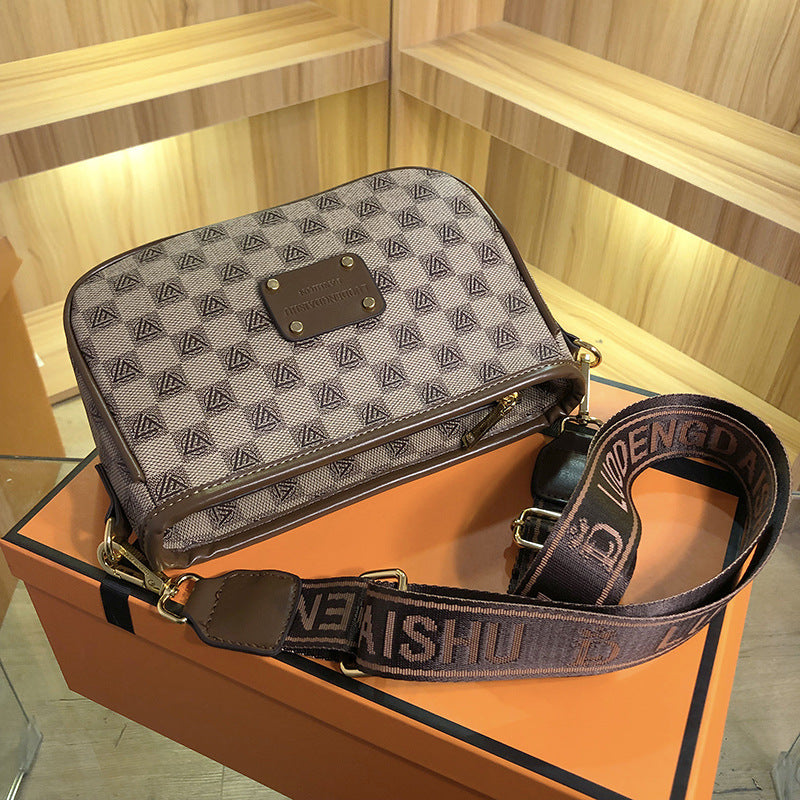 GESSY RETRO CHECKERED PRINT SQUARE BAG IN KHAKI WITH LETTER PATTERNED WIDE SHOULDER STRAP