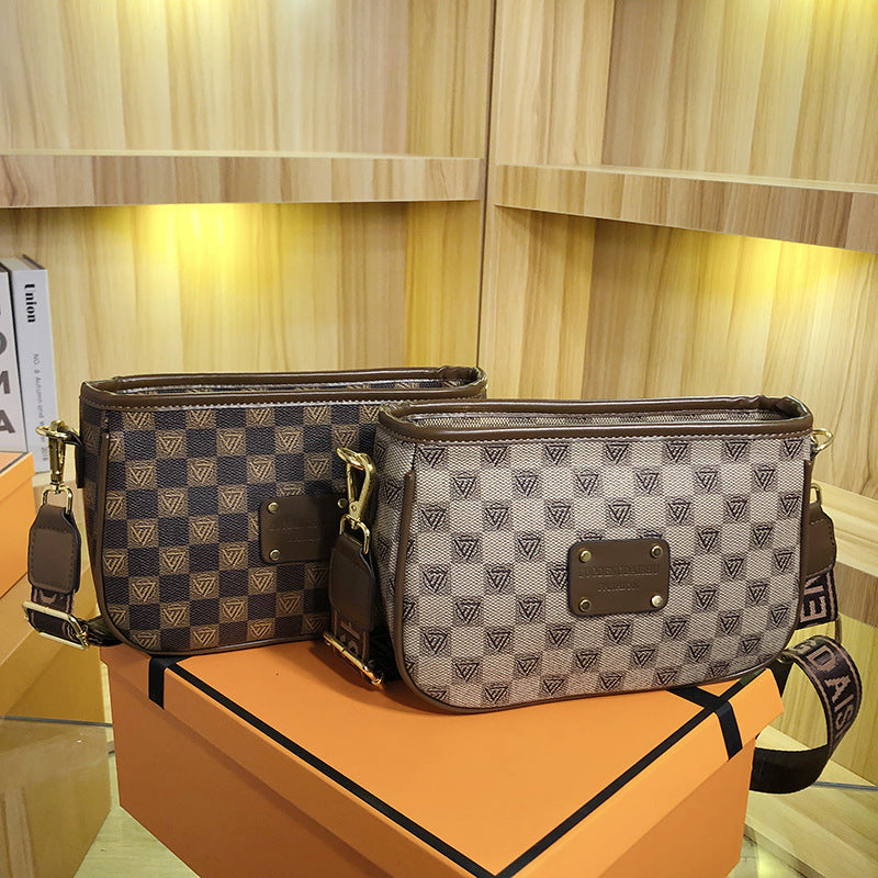 GESSY RETRO CHECKERED PRINT SQUARE BAG IN KHAKI WITH LETTER PATTERNED WIDE SHOULDER STRAP