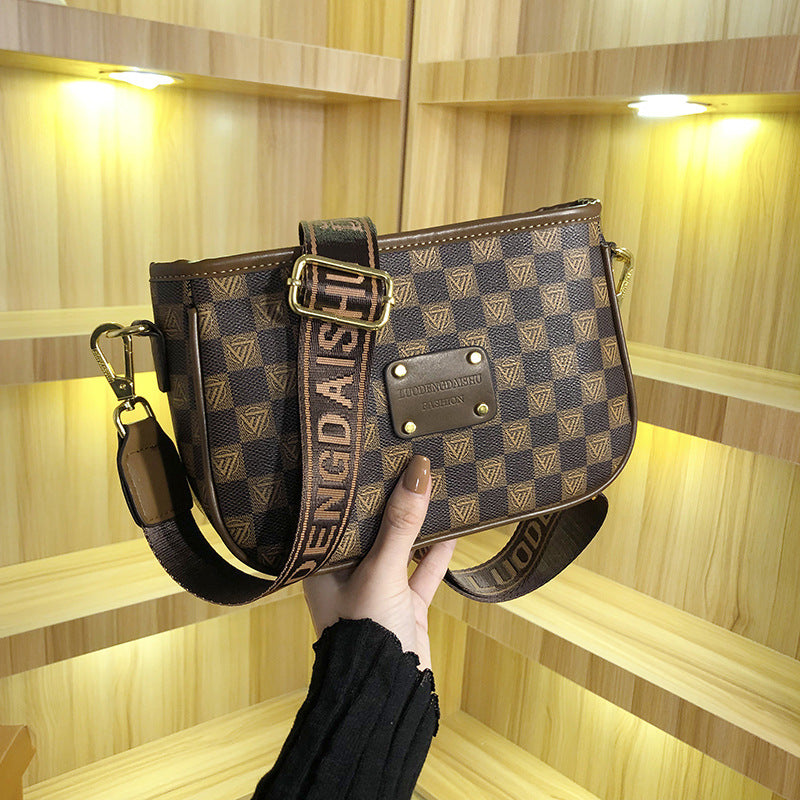GESSY RETRO CHECKERED PRINT SQUARE BAG IN BROWN WITH LETTER PATTERNED WIDE SHOULDER STRAP