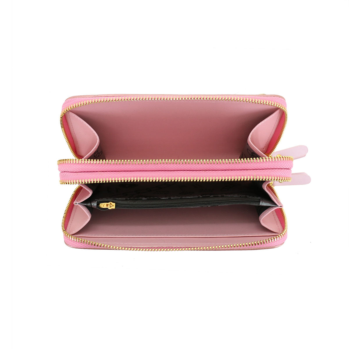 GESSY DOUBLE ZIPS SOLID METALLIC LARGE PURSE WITH STRAP IN LASER PINK