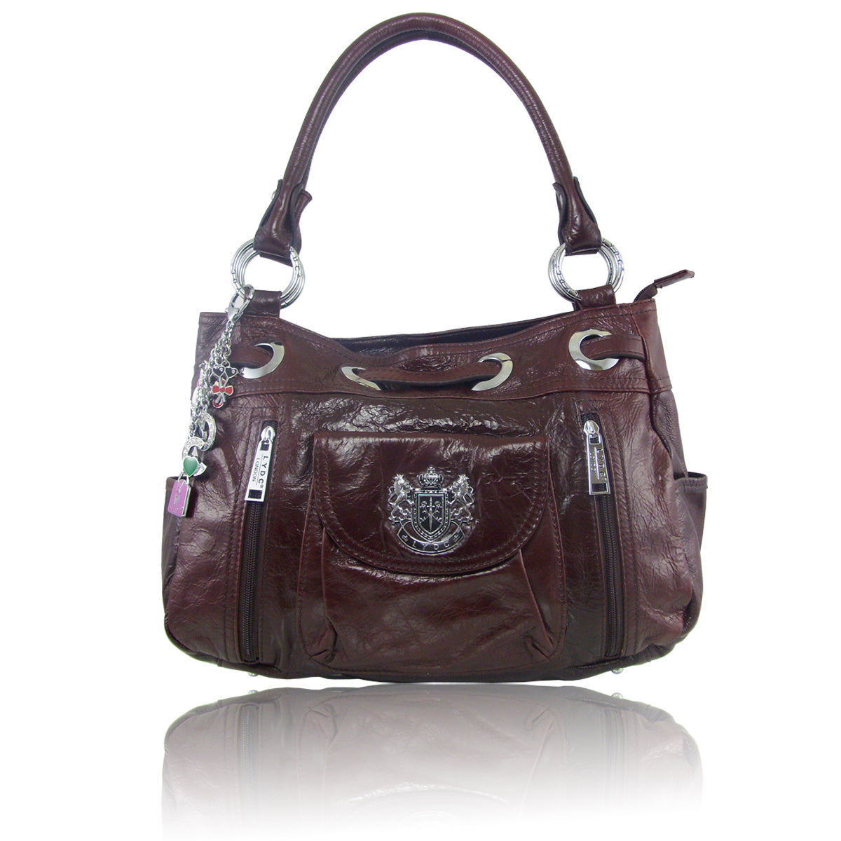 LYDC REAL LEATHER FRONT POCKET HANDBAG IN DARK BROWN