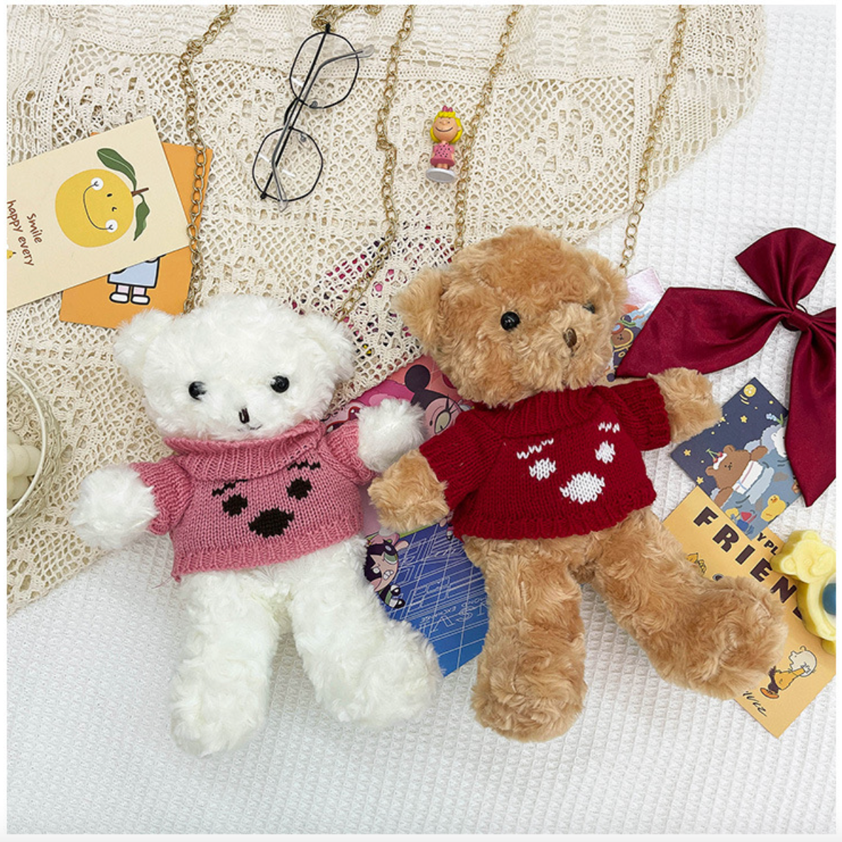 GESSY BROWN BEAR DOLL IN PINK SWEATER CROSSBODY BAG