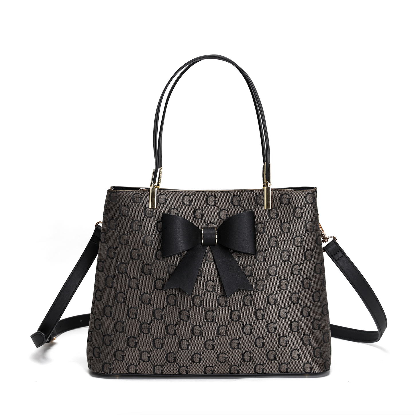 LYDC BOW DETAIL LETTER PRINT TOTE HANDBAG IN COFFEE
