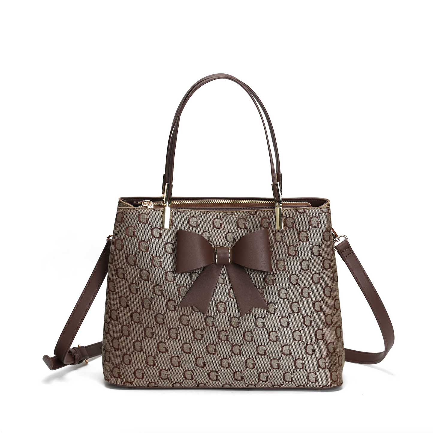 LYDC BOW DETAIL LETTER PRINT TOTE HANDBAG IN BROWN