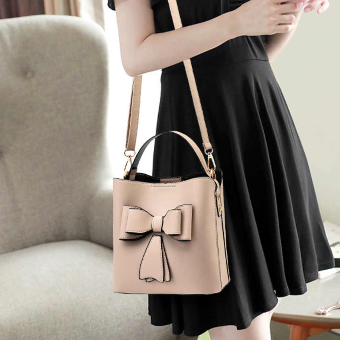 GESSY TOTE HANDBAG BOW TIE BAG OPTIONAL SHOULDER STRAP IN KHAKI