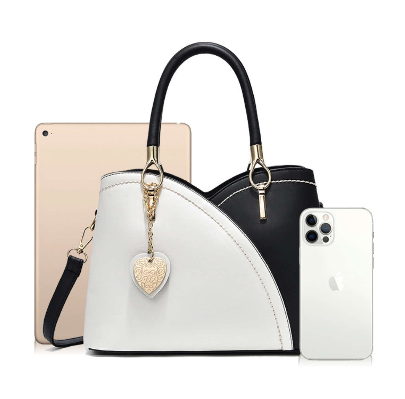 GESSY COLORBLOCK TOTE HANDBAG WITH HEART SHAPE PAD IN BLACK AND WHITE