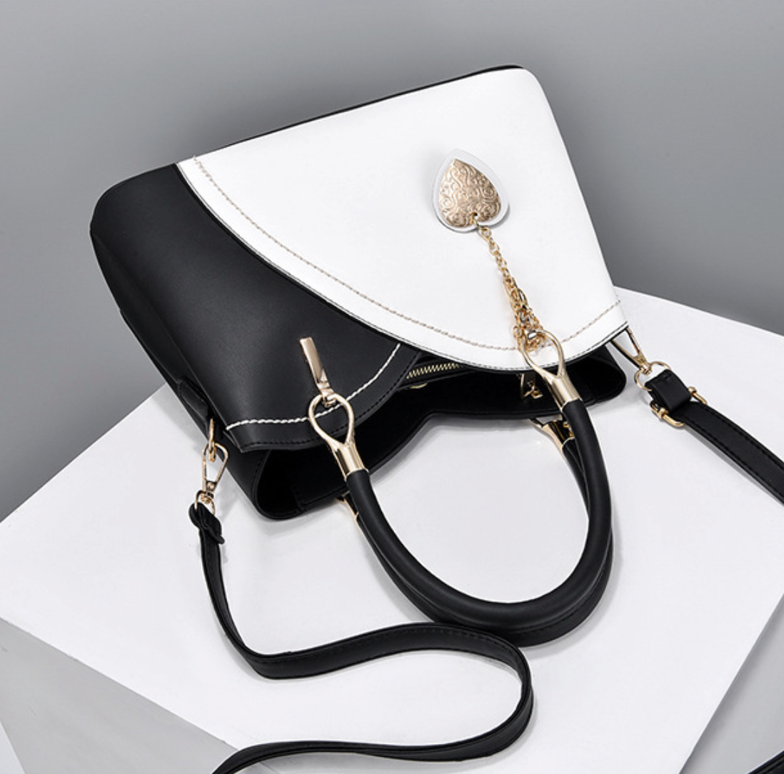GESSY COLORBLOCK TOTE HANDBAG WITH HEART SHAPE PAD IN BLACK AND WHITE