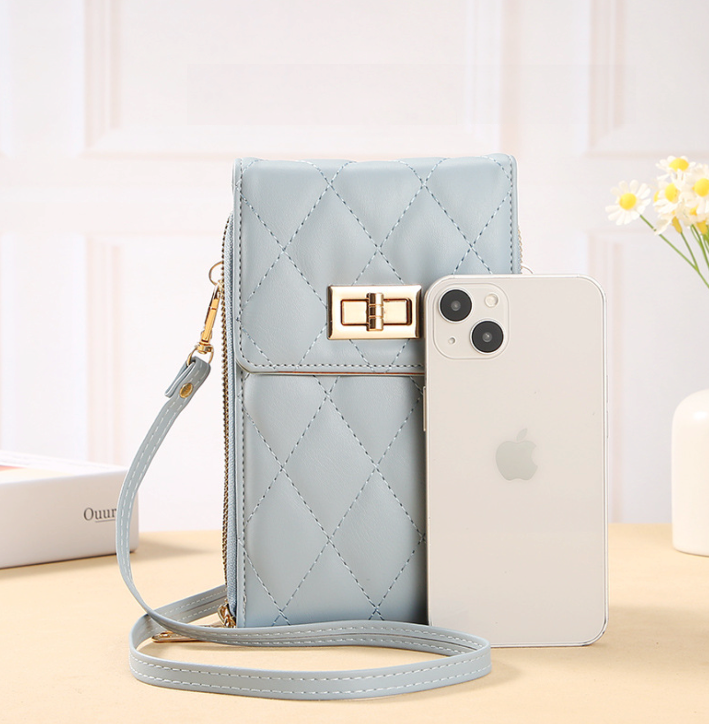 GESSY QUILTED DIAMOND SHAPED METAL SNAP CROSSBODY FLAP PHONE BAG IN RED