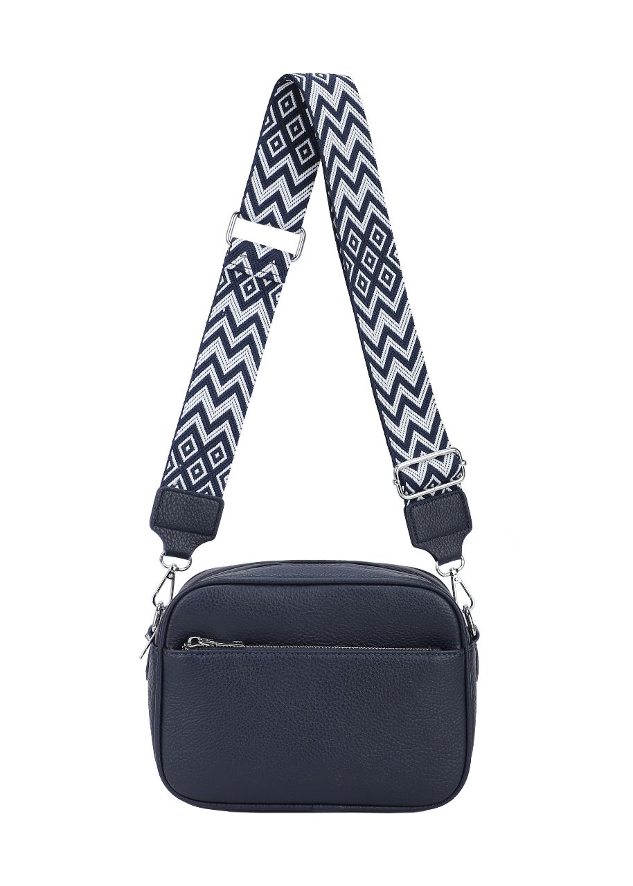 GESSY FRONT ZIP PU LEATHER CAMERA BAG WITH PATTERNED STRAP