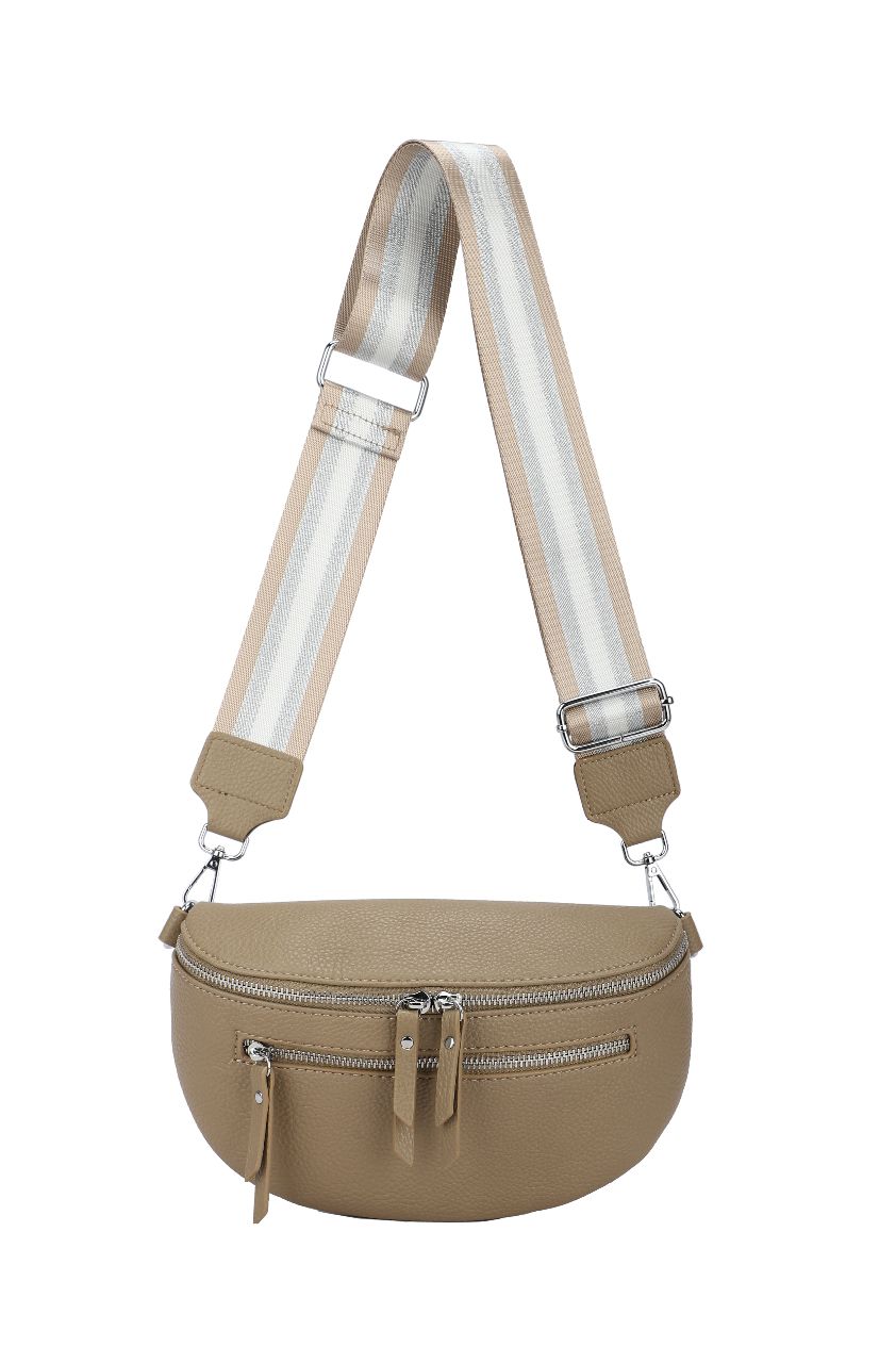 GESSY DOUBLE ZIP BELT WAIST BUM BAG WITH STRIP PATTERNED SHOULDER STRAP