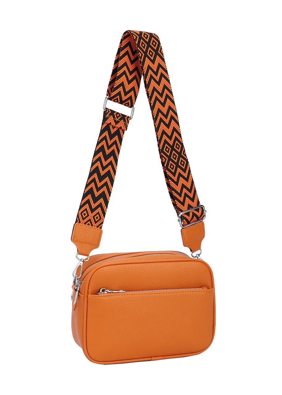 GESSY FRONT ZIP PU LEATHER CAMERA BAG WITH PATTERNED STRAP