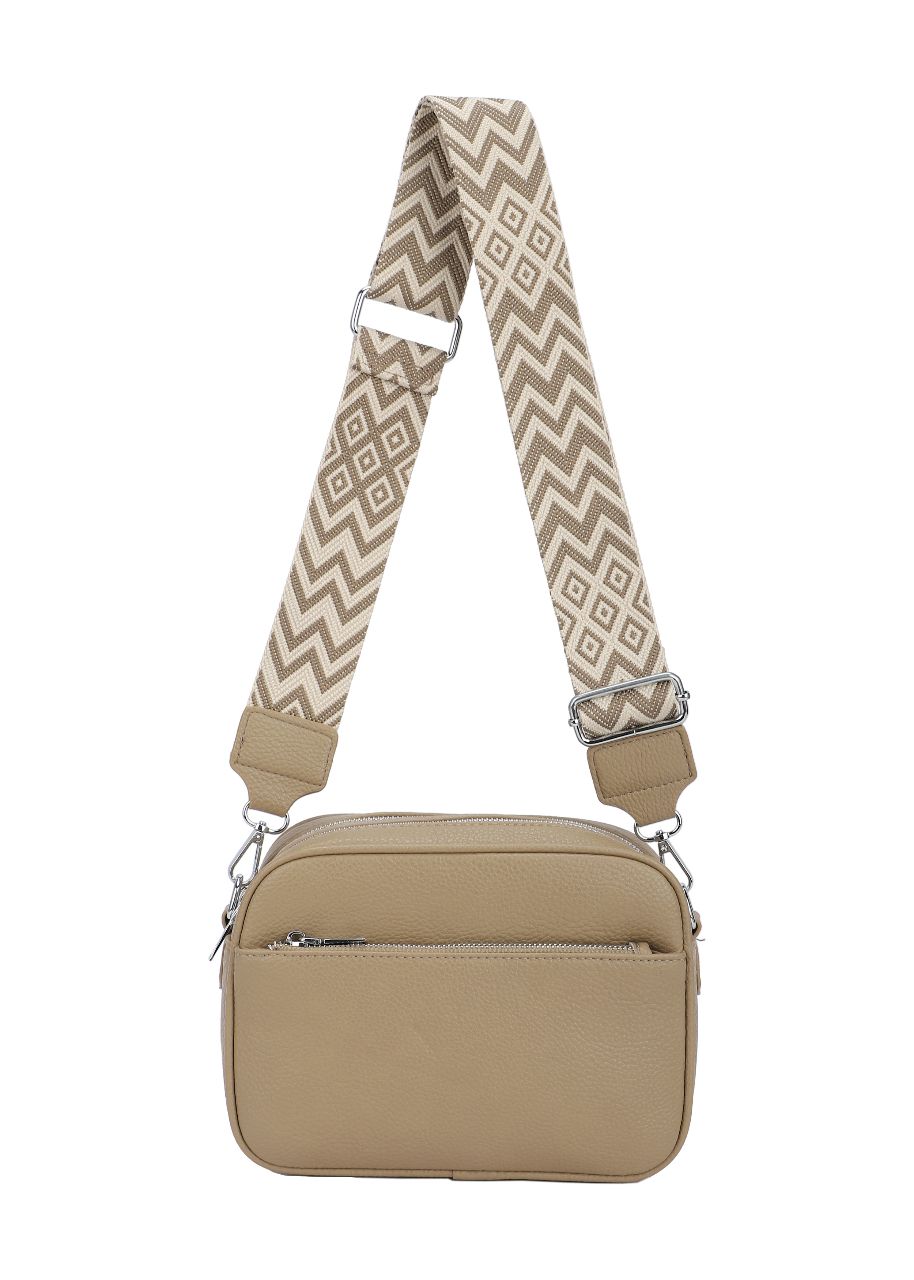 GESSY FRONT ZIP PU LEATHER CAMERA BAG WITH PATTERNED STRAP
