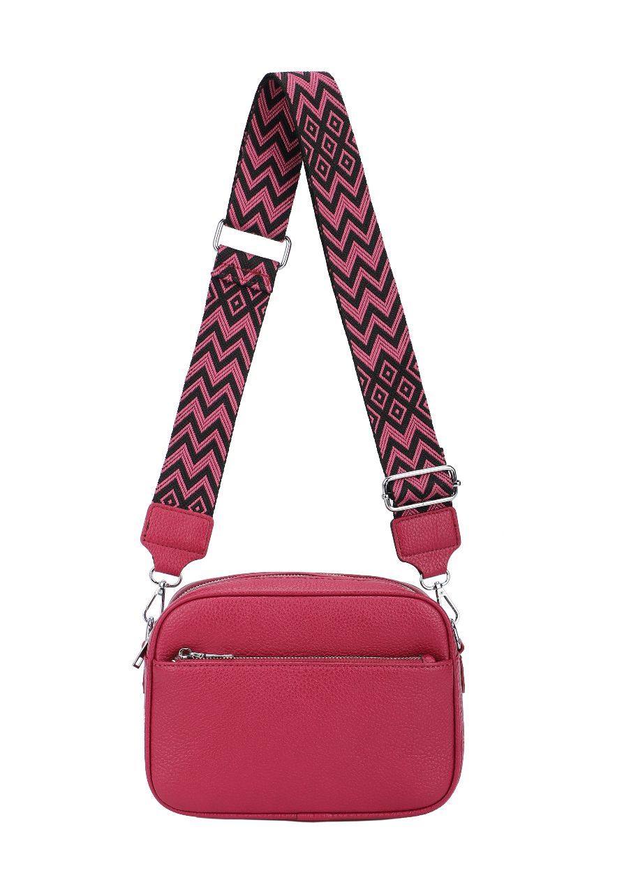 GESSY FRONT ZIP PU LEATHER CAMERA BAG WITH PATTERNED STRAP
