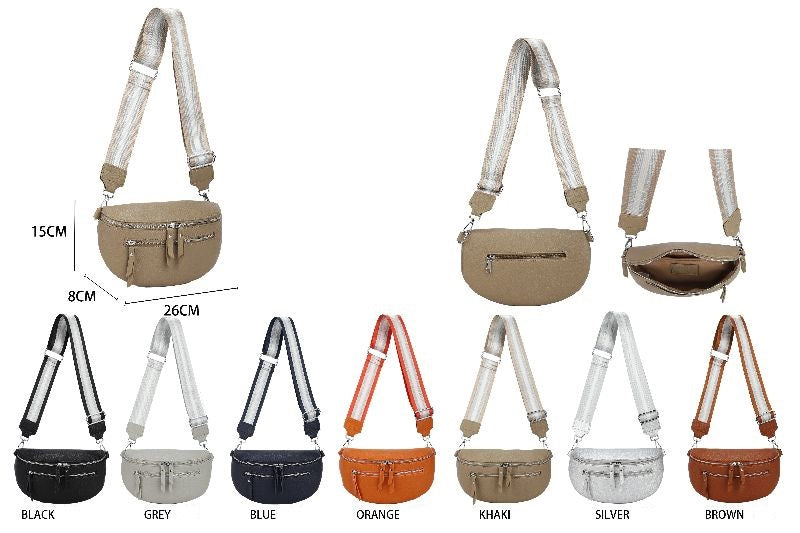GESSY DOUBLE ZIP BELT WAIST BUM BAG WITH STRIP PATTERNED SHOULDER STRAP