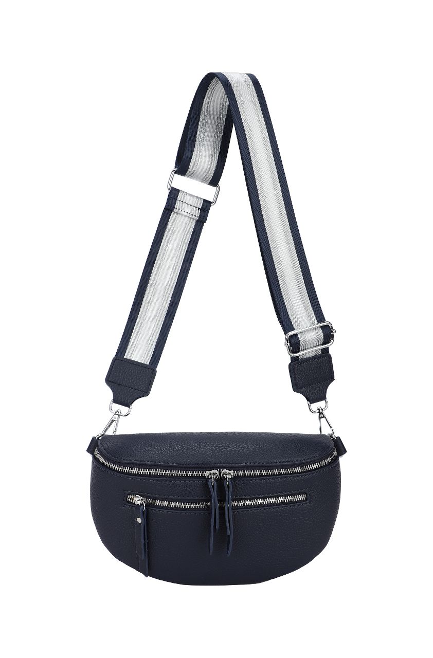 GESSY DOUBLE ZIP BELT WAIST BUM BAG WITH STRIP PATTERNED SHOULDER STRAP