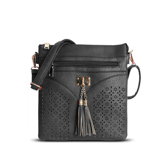 GESSY LASER CUT-OUT PATTERN CROSSBODY BAG IN BLACK