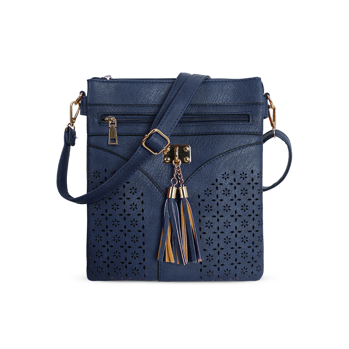 GESSY LASER CUT-OUT PATTERN CROSSBODY BAG IN BLUE